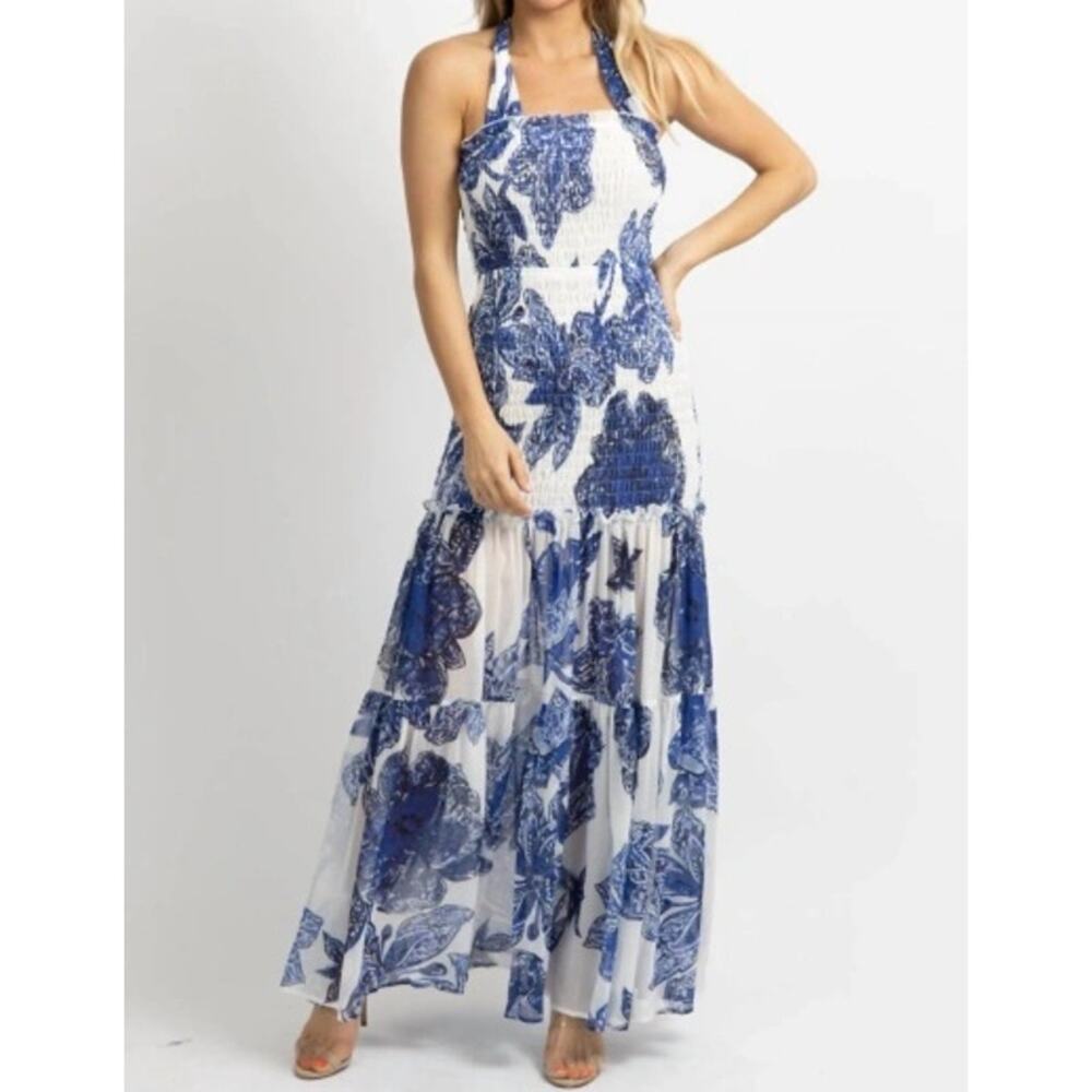 Luxxel Smocked Floral Maxi Dress Blue and White Formal Elegant Sexy Size Medium